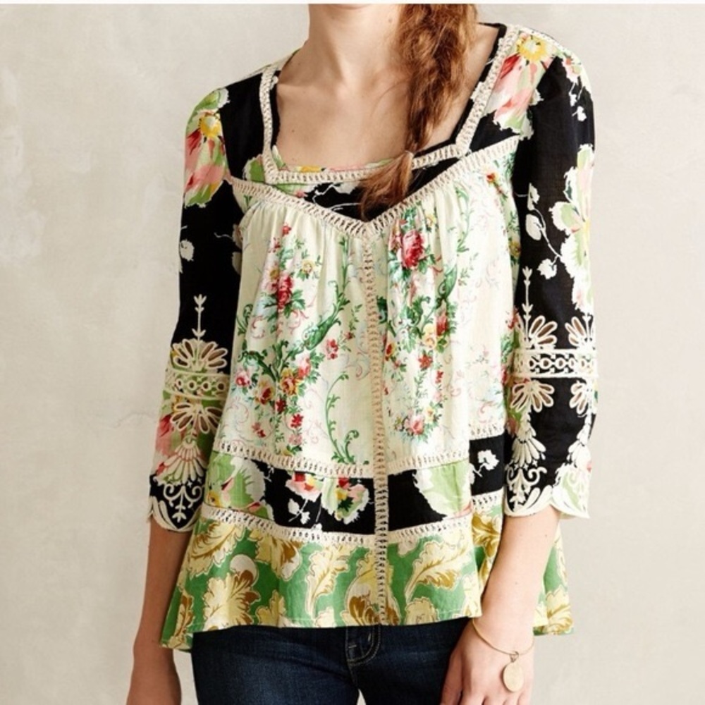 Anthropologie Floral Patchwork Blouse - Black, Green, Cream